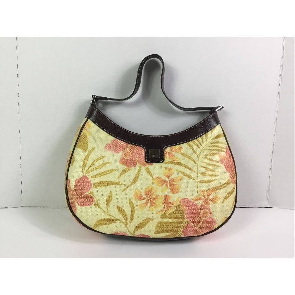 Franco Sarto Handbag Pocketbook zips woven Yellow Floral Womens brown trim Purse